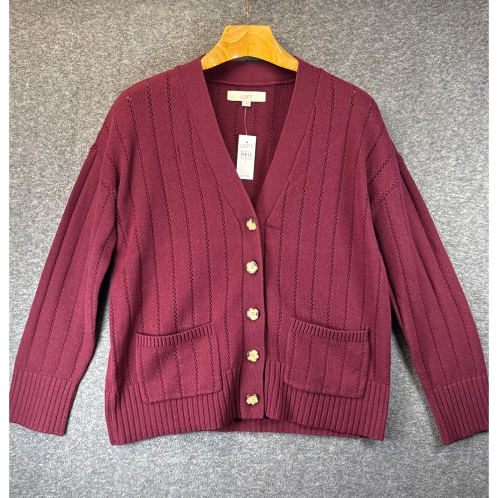 NWT LOFT Pointelle Girlfriend Cardigan Size S Burgundy V-Neck Pocket Preppy Warm